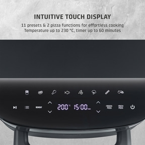 Air fryer with touch display and preset programs.