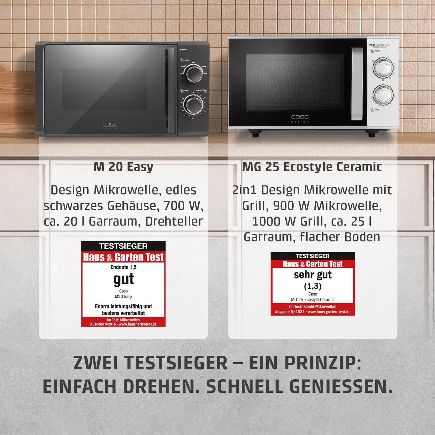 Zwei Mikrowellen von Caso mit Testurteilen: M 20 Easy und MG 25 Ecstyle Ceramic.