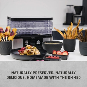 Food dehydrator with snacks and text. Natural durability and taste. Homemade with DH 450.