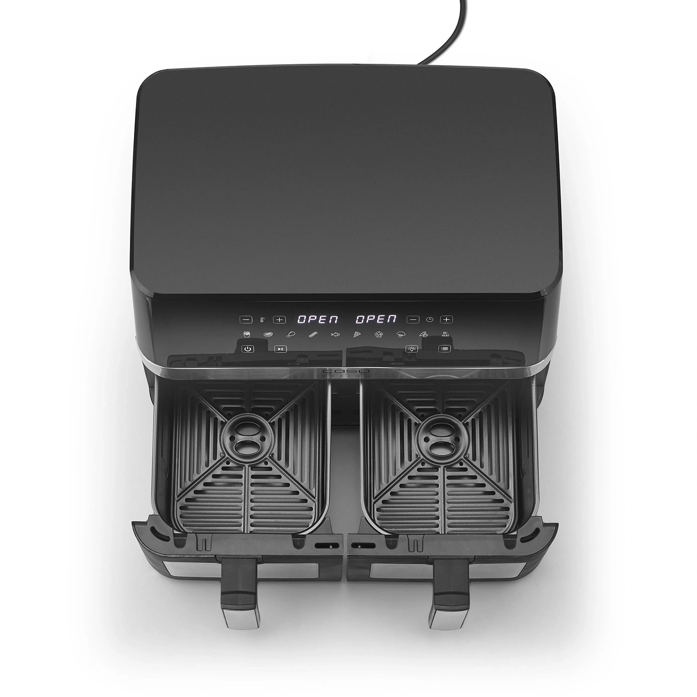Black air fryer with two baskets, control panel, and open drawers on a white background.