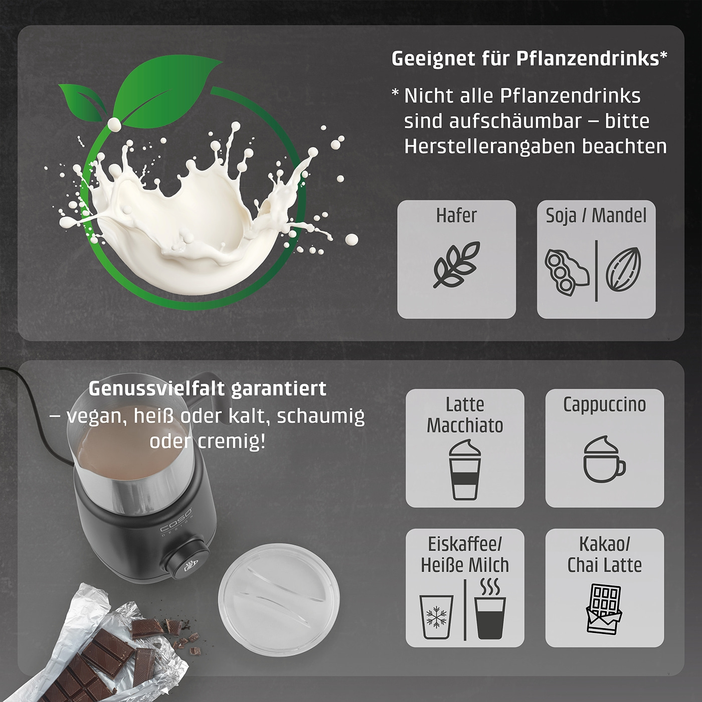PremiumLatte XL Induktions- Milchaufschäumer für Kuhmilch- und Pflanzendrinks