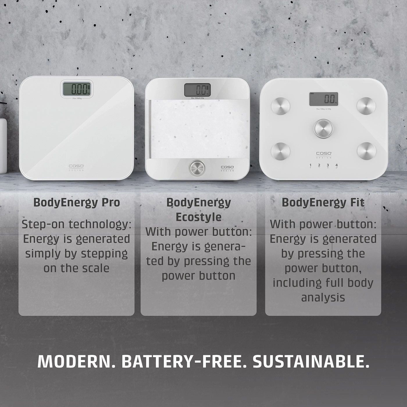 Three white bathroom scales with digital displays and product names below