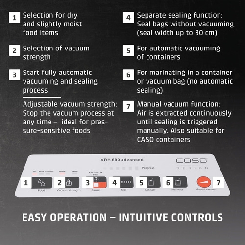 Vacuum sealer with features: dry, vacuum strength, auto, seal, containers, marinate, manual vacuum.