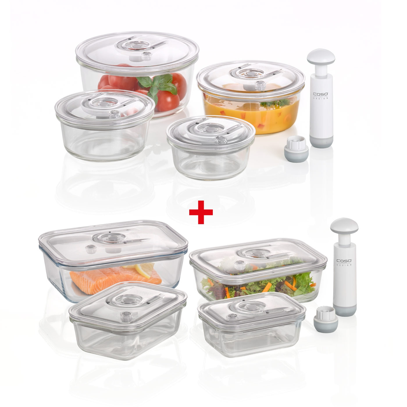 VacuBoxx R-Set + VacuBoxx E-Set Set aus Vakuumbehältern aus Borosilikatglas mit Tritan Deckel