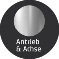 Kreis mit Text 'Antrieb & Achse' und metallischem Hintergrund
