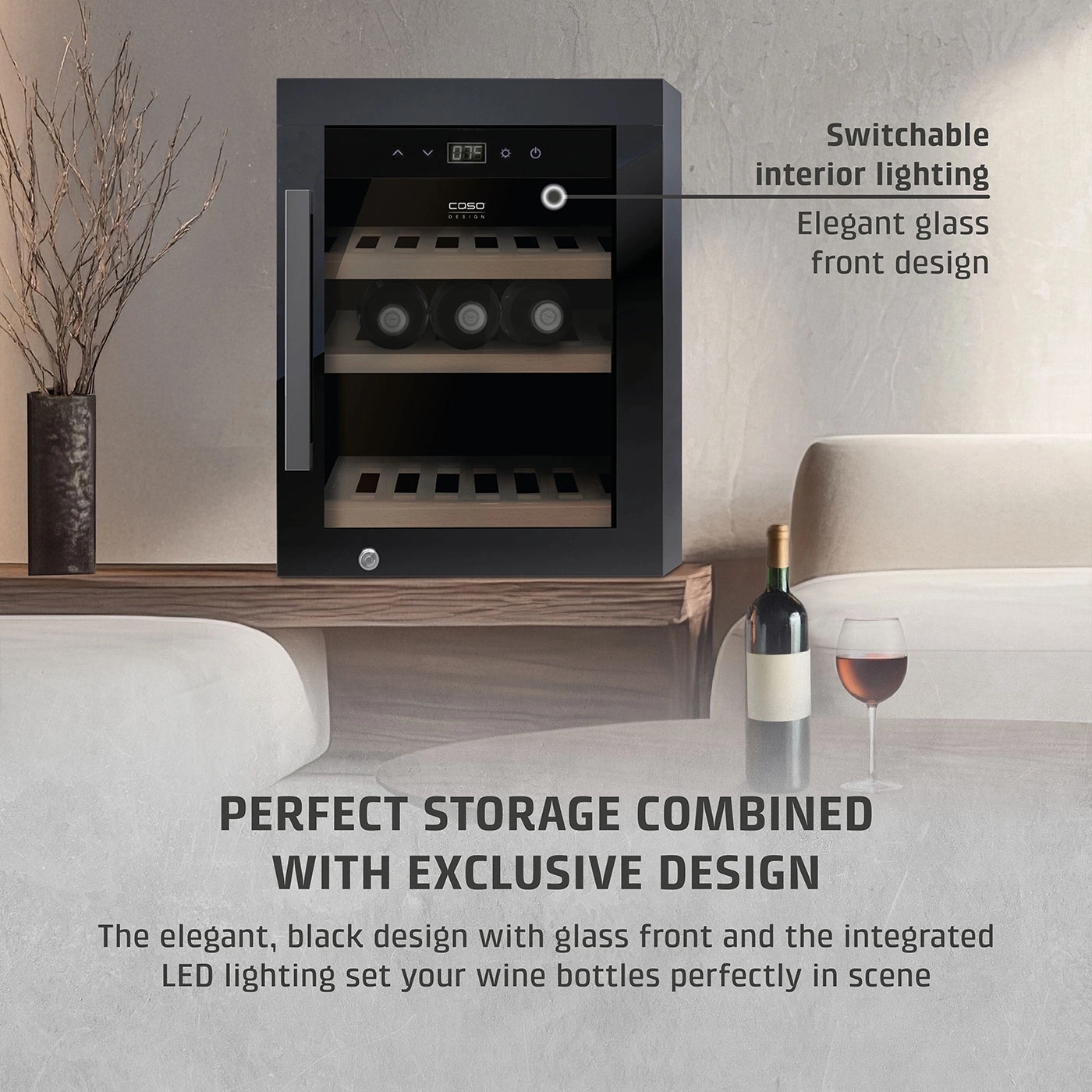 Wine cooler with elegant design, glass front, and interior lighting. Perfect wine storage.