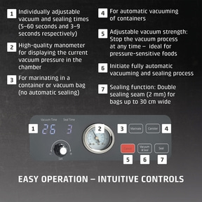Vacuum sealer with features, manometer, marinating function, easy operation.