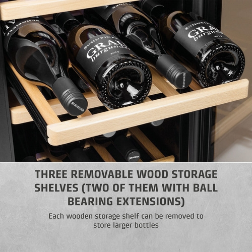Wine cooler with wooden shelves and wine bottles, text about the function.