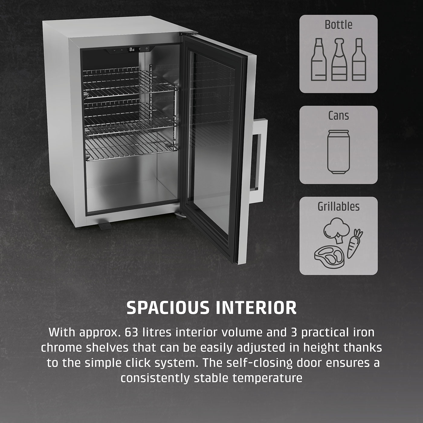 Refrigerator with open door, bottles, cans, grilled food, spacious interior, 63 liters volume.