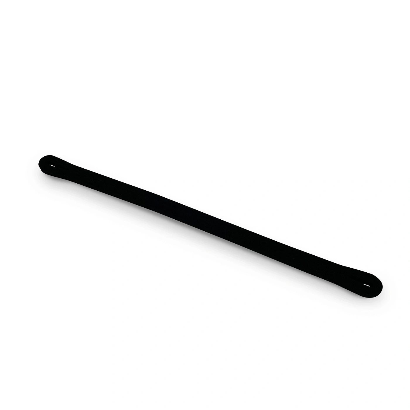 Black rubber band lying diagonally on a white background.