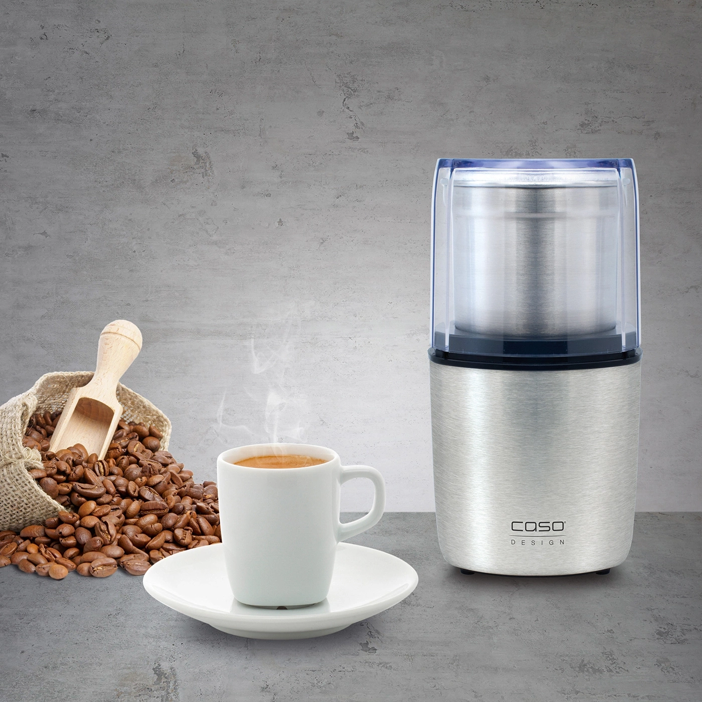 Kaffeemühle, Kaffeebohnen, Kaffeetasse, Löffel, Beutel, Design, Edelstahl, Kaffeezubereitung