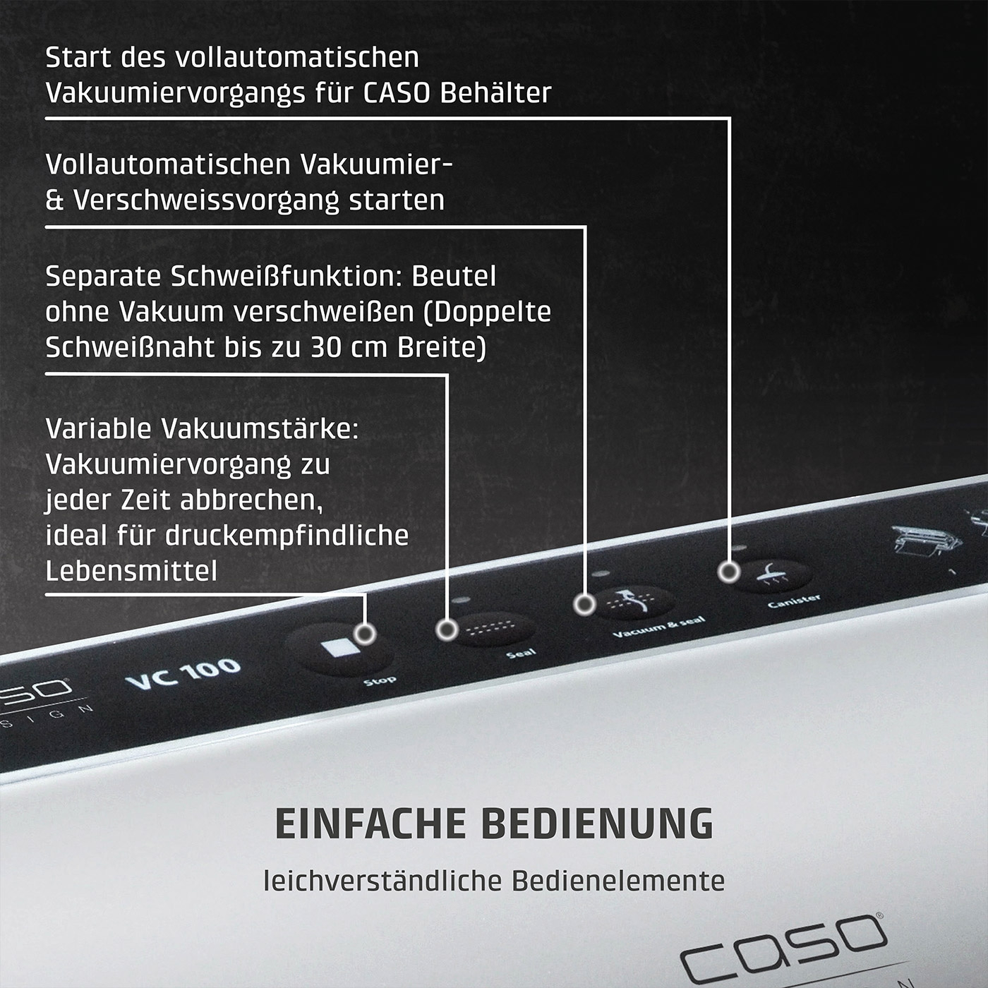 Vakuumiergerät mit Funktionen: Start, Vakuum, Schweißen, Stopp, Behälter, einfach zu bedienen.