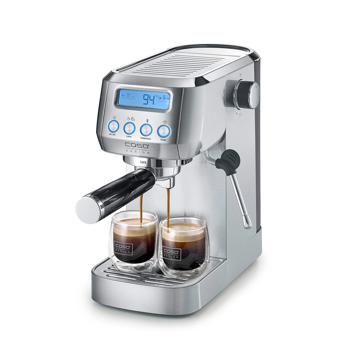 Espressomaschine mit zwei Gläsern, die Kaffee ausgießt, mit Temperaturanzeige und Knöpfen.