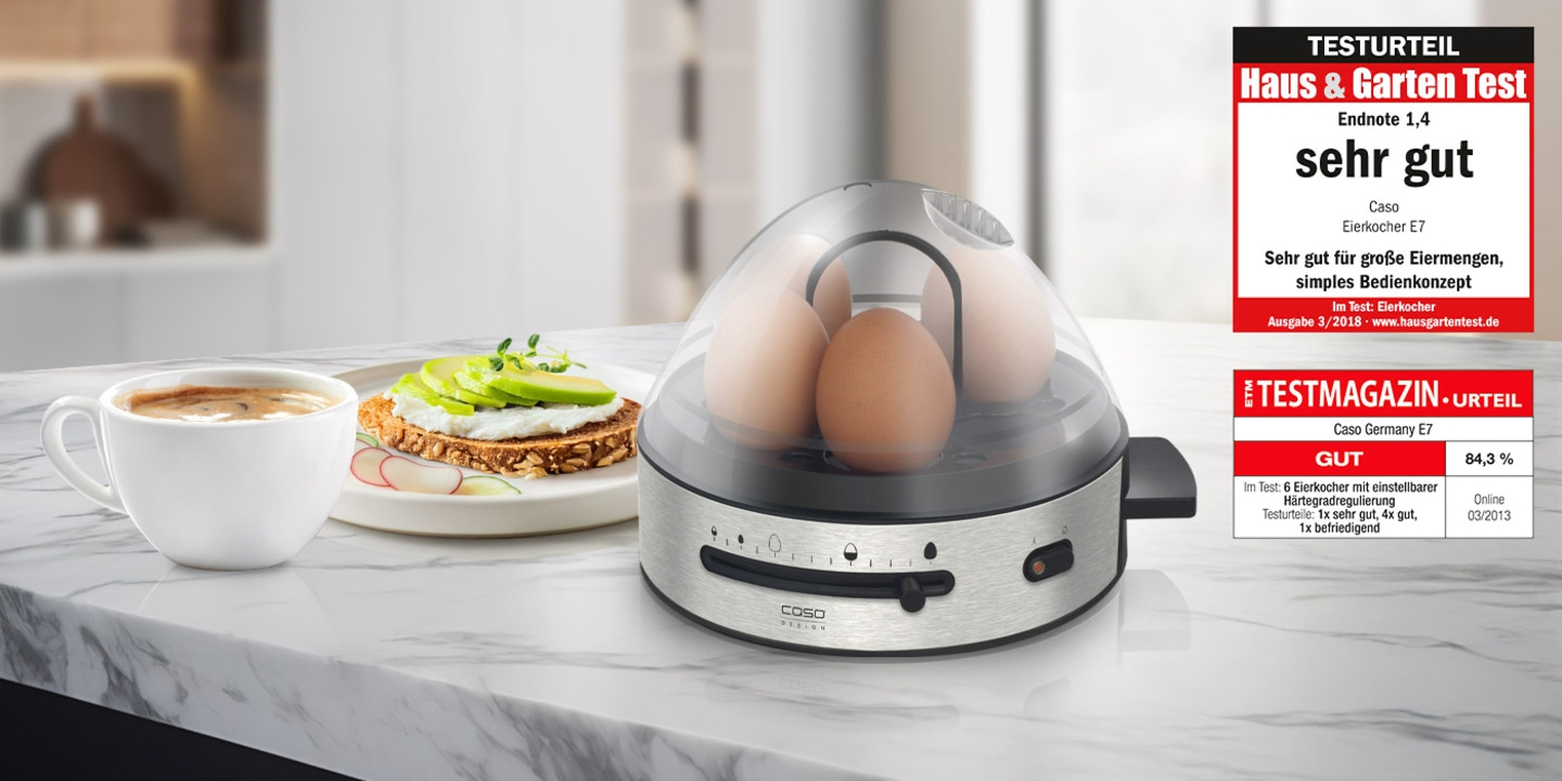 Eierkocher mit Toast und Kaffee, Testurteil sehr gut.