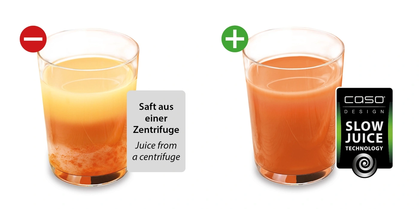 Vergleich von Saft aus Zentrifuge und Slow Juice Technologie