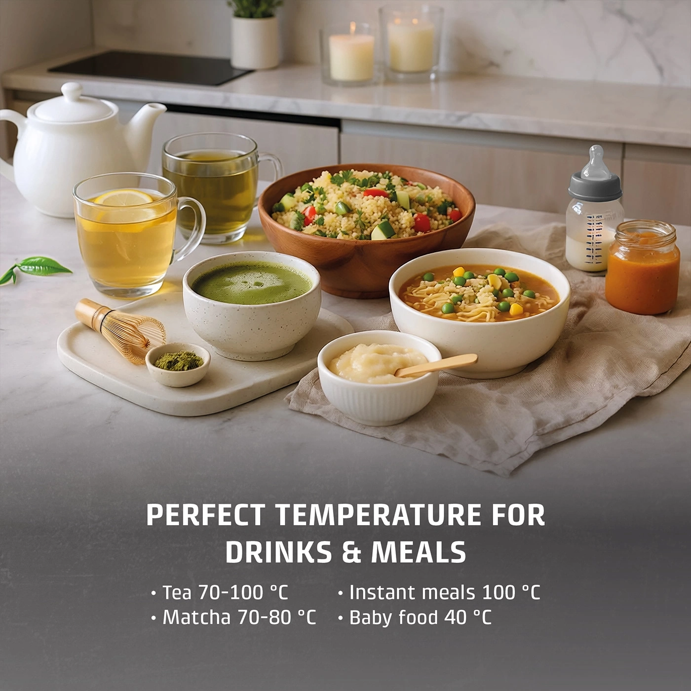 An assortment of drinks and foods, including tea, matcha, couscous, and baby food, arranged on a kitchen countertop.