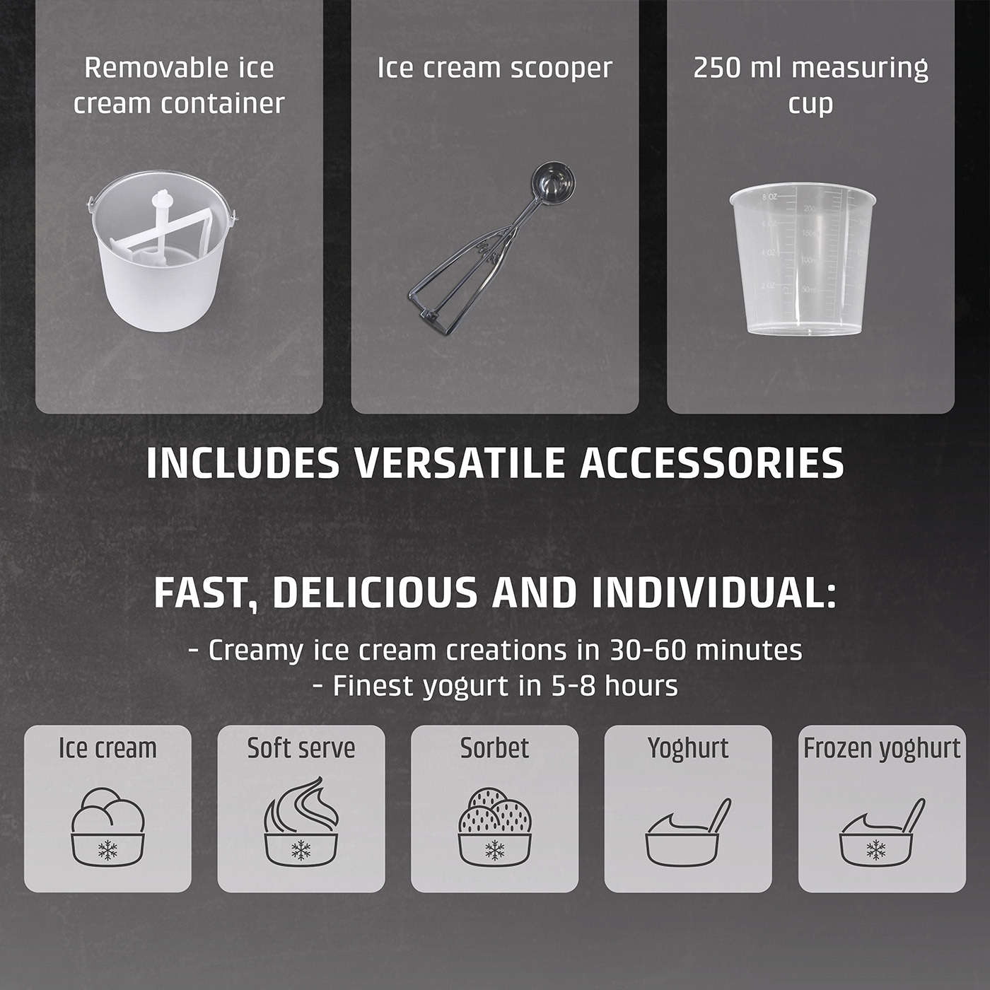 Ice cream maker with accessories: container, scoop, measuring cup, ice cream, yogurt.
