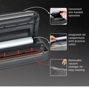 Vacuum sealer with practical operation, roll compartment, and easy cleaning.