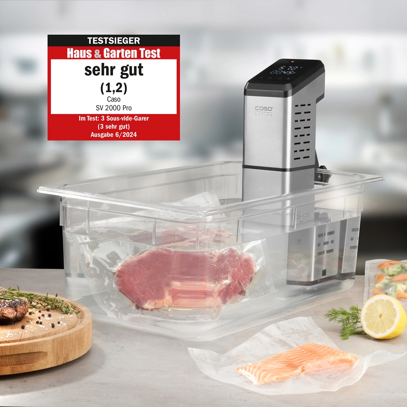 Sous vide cooker with meat and vegetables, rated very good.