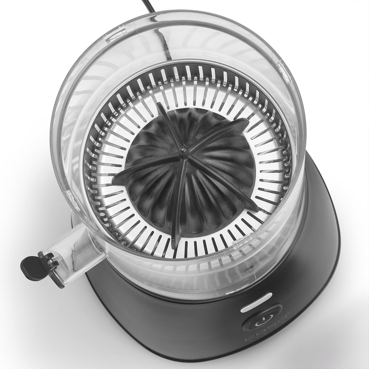 Electric citrus juicer, black, transparent, close-up, top view, isolated