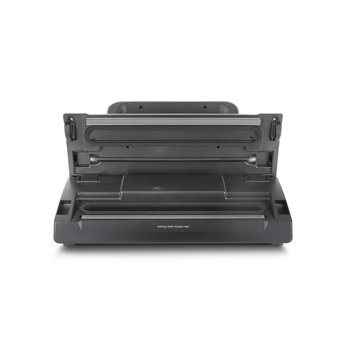 Dark gray vacuum sealer with open lid on a white background, ready to use.