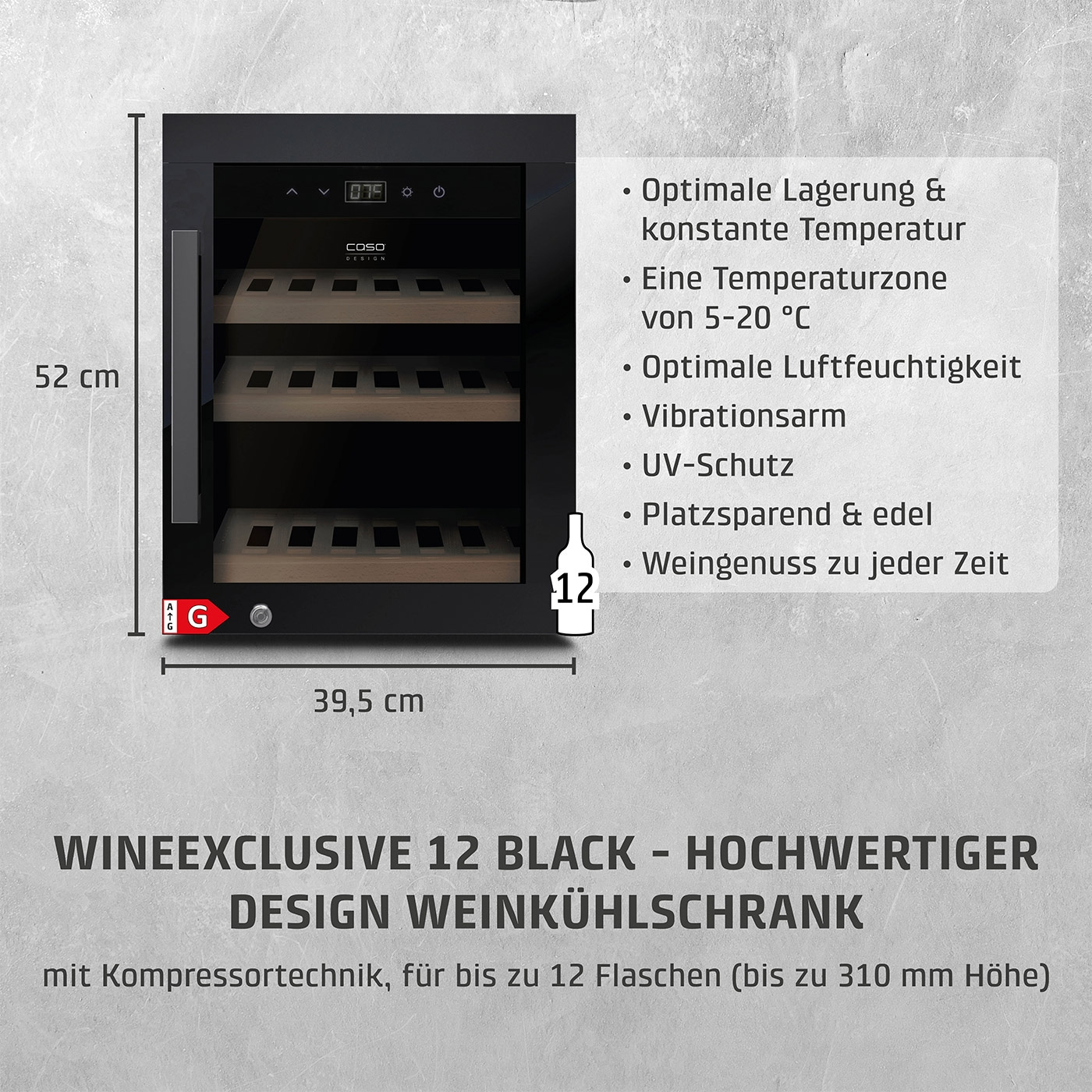 Weinkühlschrank mit 12 Flaschen, 52 cm hoch, 39,5 cm breit, schwarz, edel, Wein