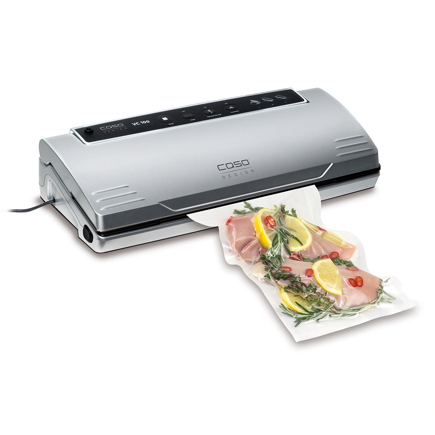 Vacuum sealer with meat, lemon, and rosemary in a bag.