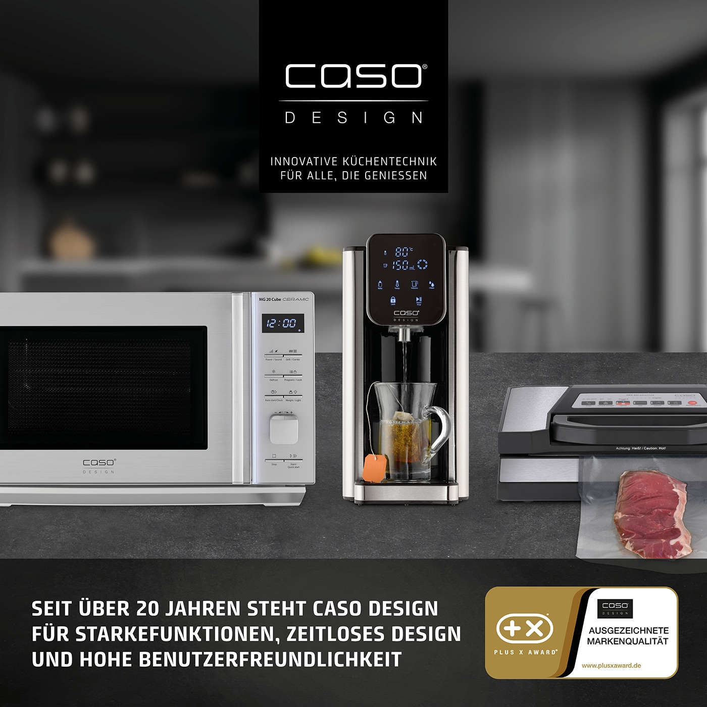 Caso Design Produkte: Mikrowelle, Teemaschine und Vakuumierer mit Fleisch.