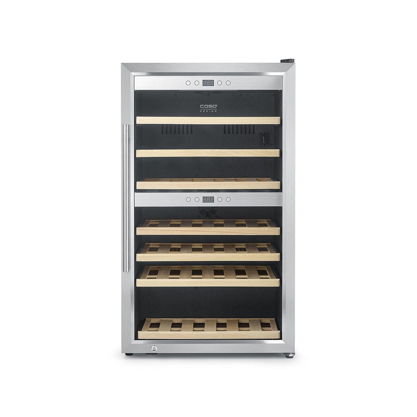 A modern silver wine cooler with wooden shelves and digital display.