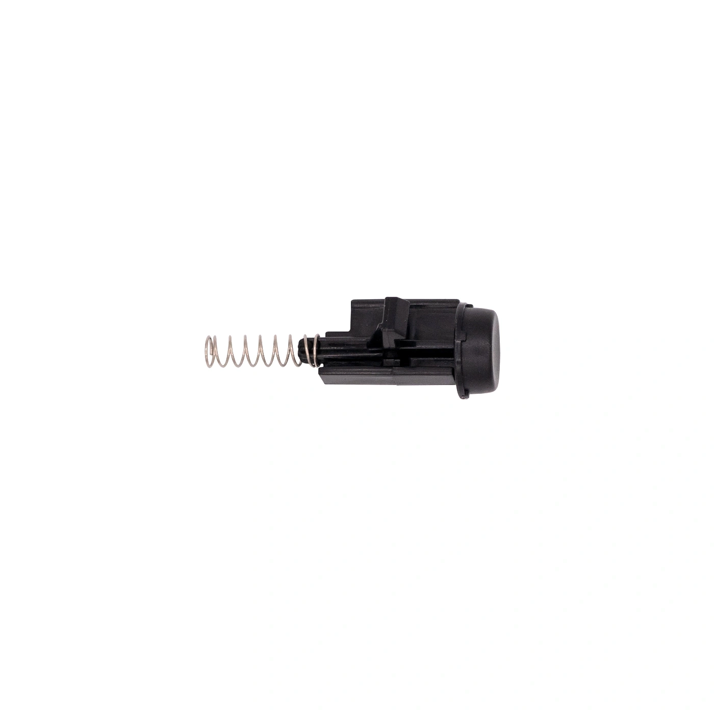 Black electronic component with spring, isolated on white background.