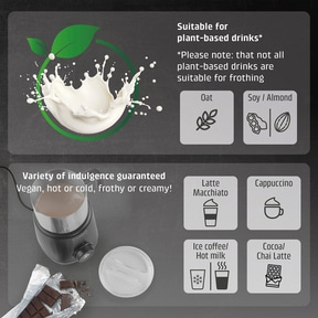 Milk frother with options for drinks like latte macchiato and cappuccino.