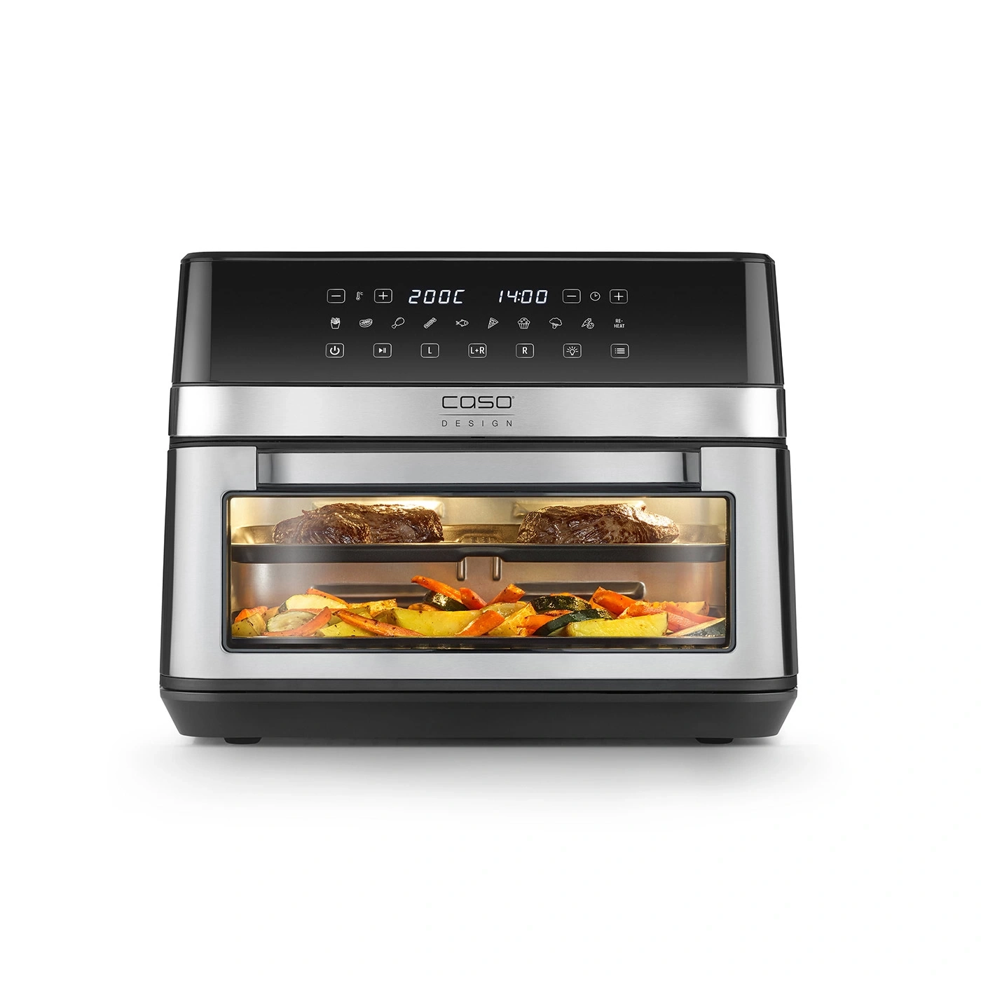 Air fryer with food, temperature display, timer, stainless steel design, Caso Design