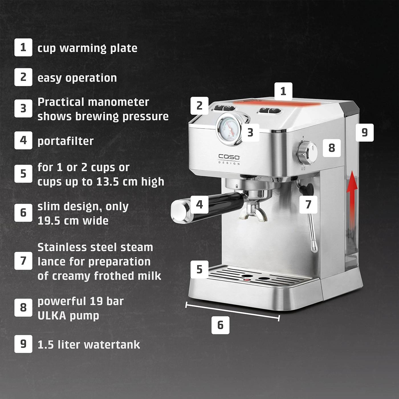 Espresso machine with features: warming plate, easy operation, manometer, portafilter, milk frother