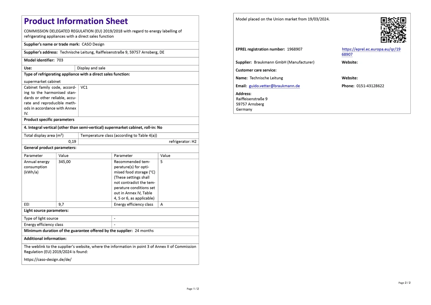 Product data sheet with energy efficiency information, model identifier, and supplier details.