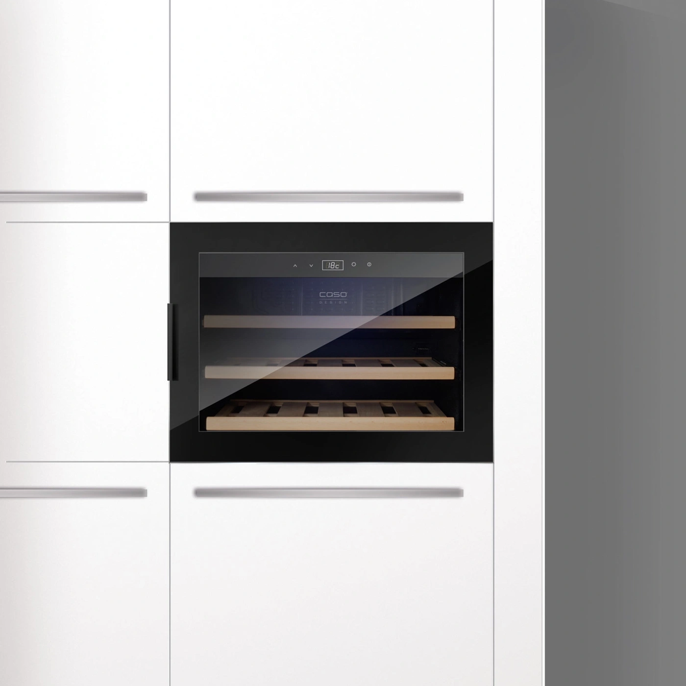 Wine cooler in white kitchen with wooden shelves and black frame
