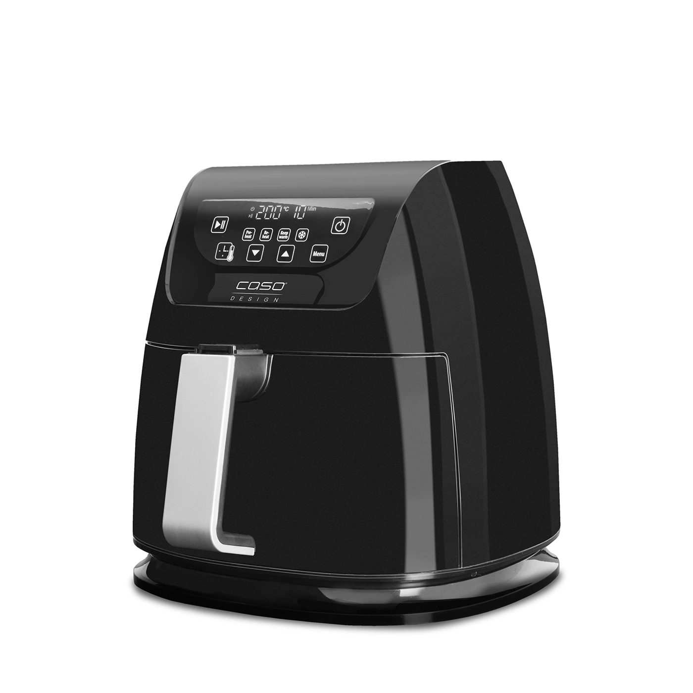 Black air fryer with digital display and silver handle. Caso Design.
