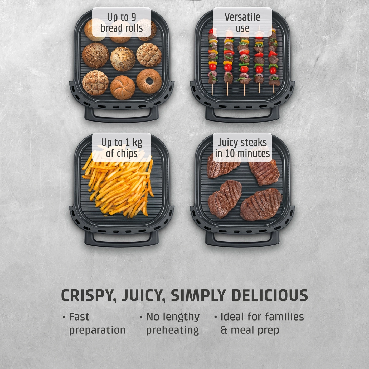 A grill with buns, skewers, fries, and steaks