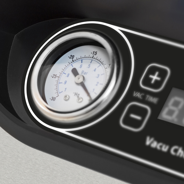 Vacuum gauge with bar display and controls for vacuum time adjustment.
