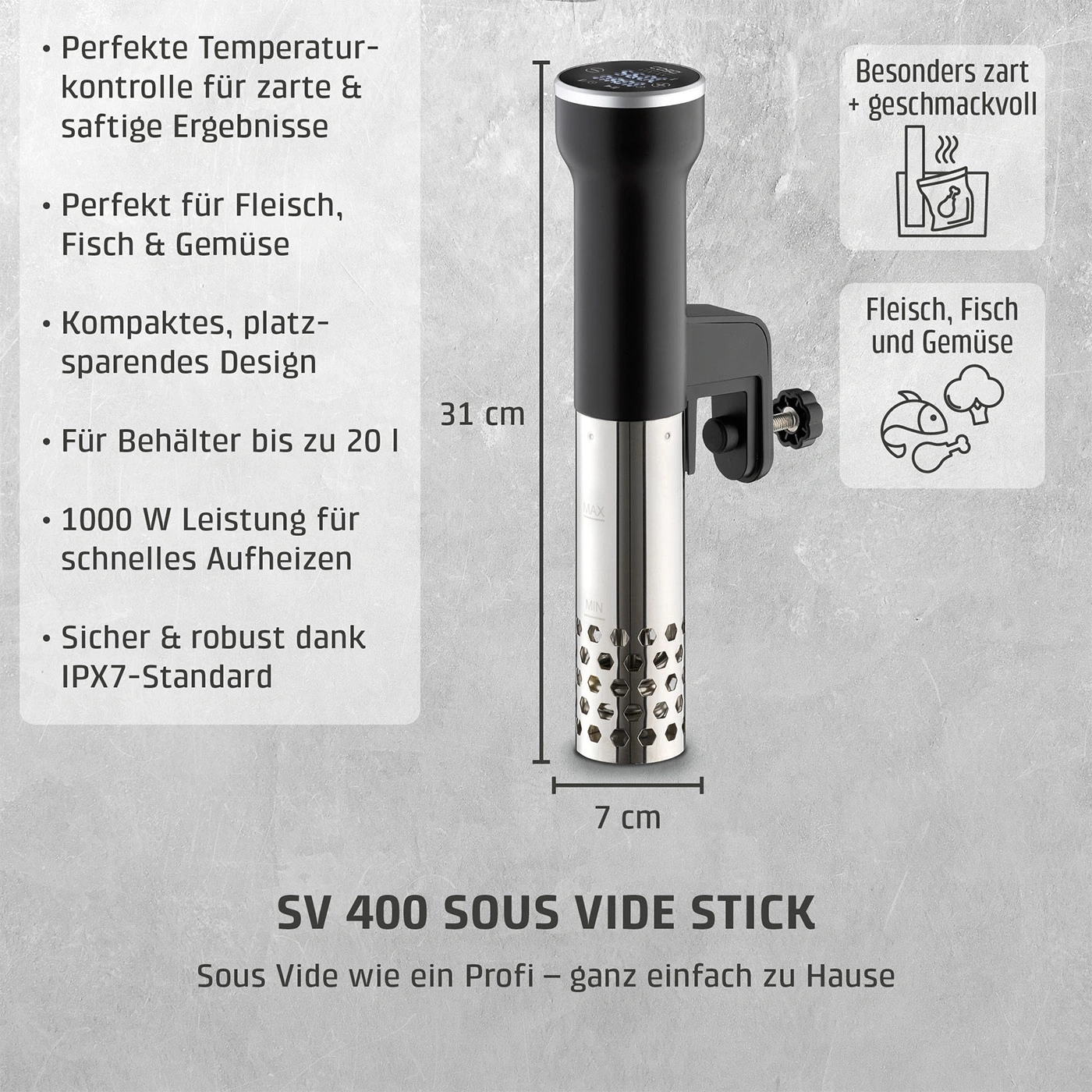 Sous Vide Stick mit detaillierten Produktmerkmalen und Abmessungen.