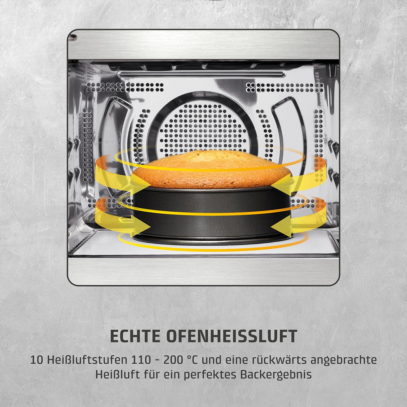 Ofen mit Kuchen, Heißluft, 10 Stufen, 110-200°C, perfektes Backergebnis.