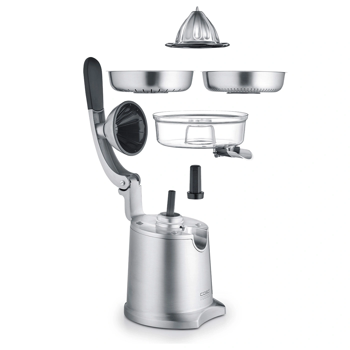 An exploded view of a stainless steel electric citrus juicer with a glass container.