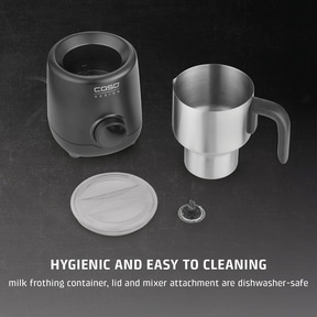 Milk frother with stainless steel container, lid and whisk. Hygienic and easy cleaning.