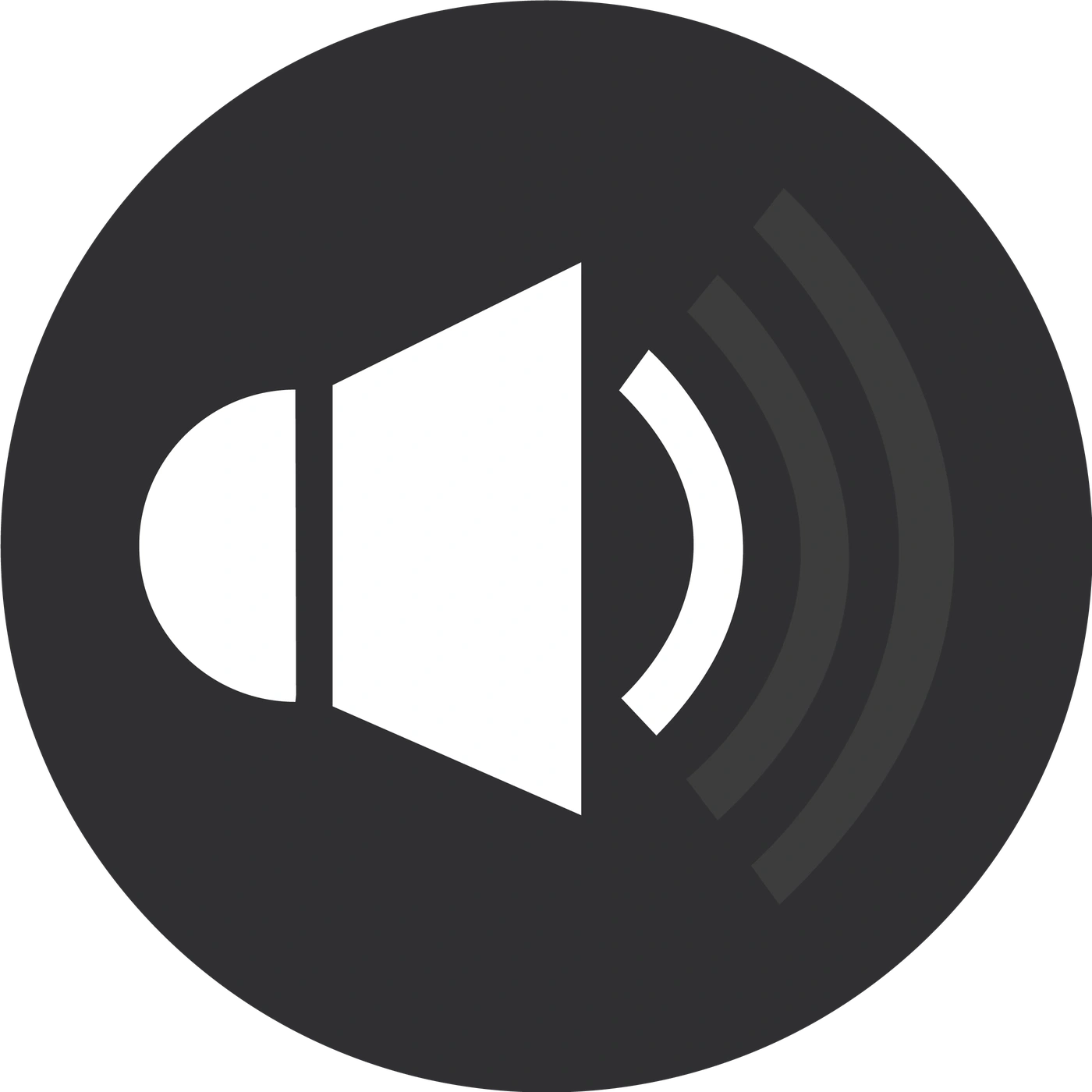 Speaker icon inside a dark circle emitting sound waves, audio symbol.