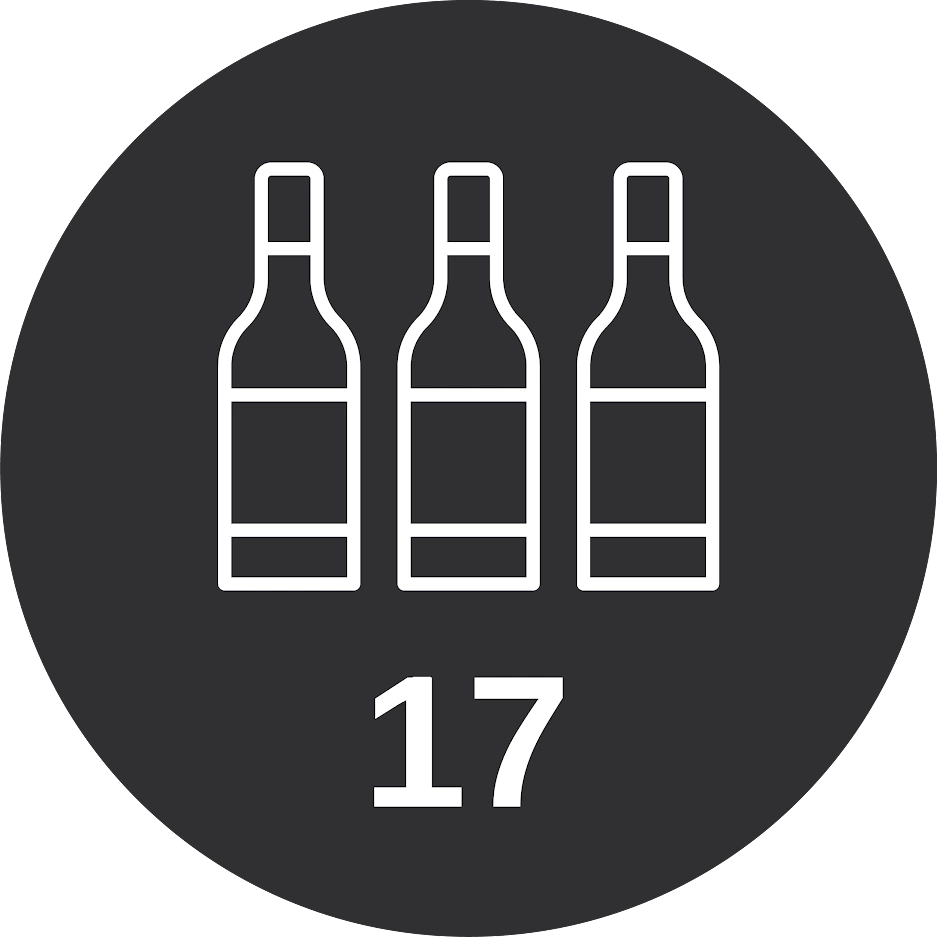 Three wine bottles with the number 17 on a dark background circle.