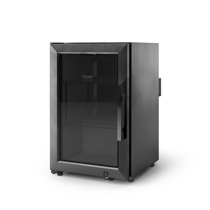 Black refrigerator with glass door and Caso logo, isolated on white background