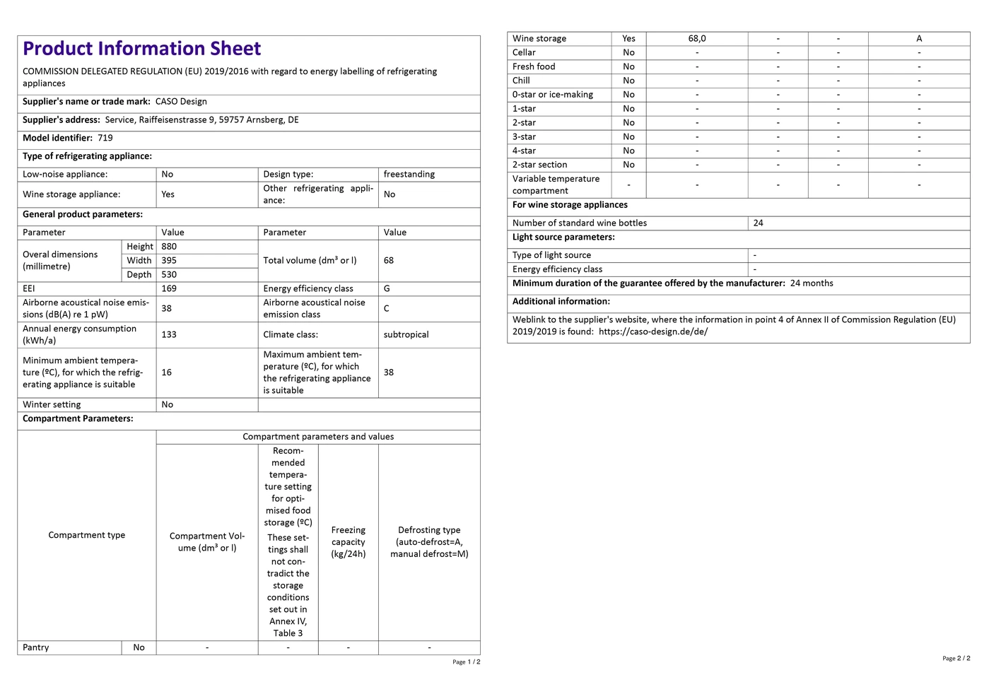 Product data sheet with technical specifications for refrigerators, including energy efficiency and dimensions.