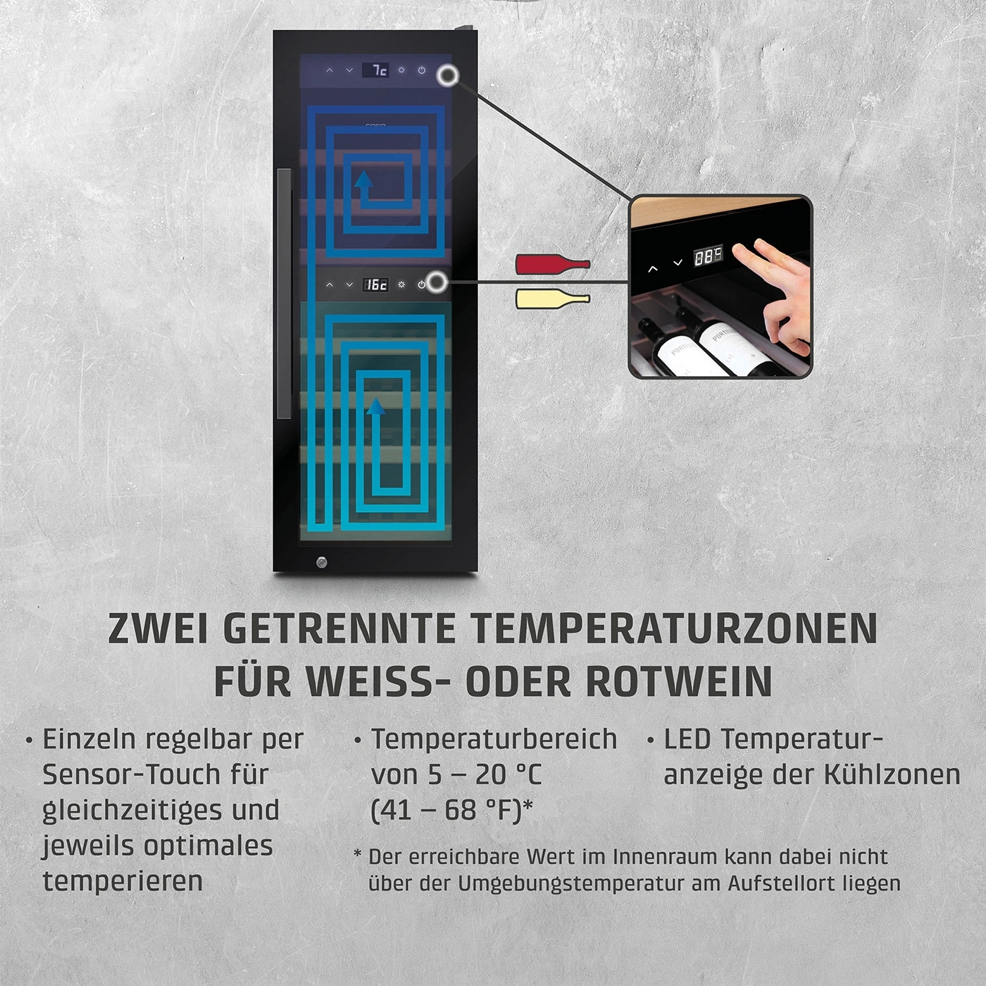 Weinkühlschrank mit zwei Temperaturzonen, LED-Anzeige und Sensor-Touch-Steuerung.