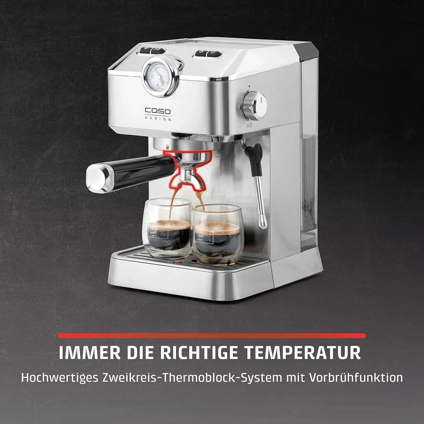Espressomaschine mit Temperaturanzeige und Text: Immer die richtige Temperatur.