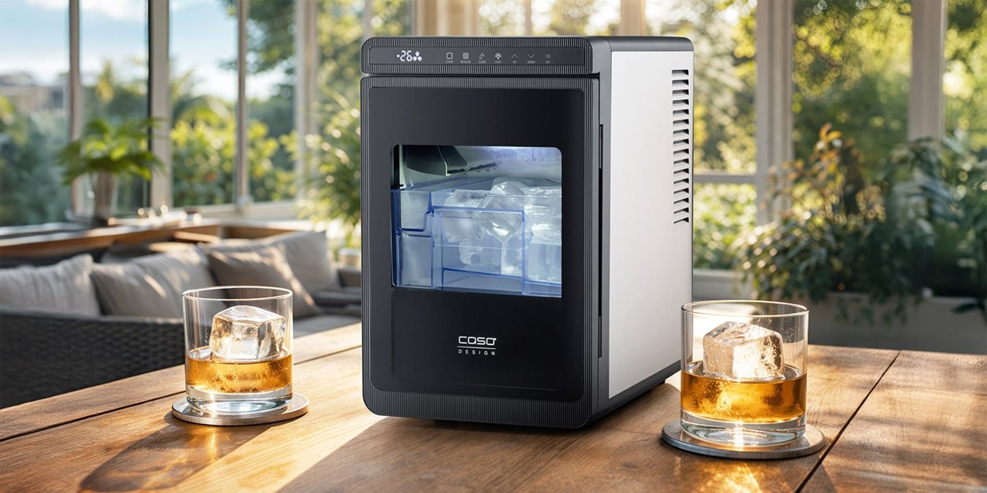 Ice maker with two glasses of whiskey on an outdoor wooden table.