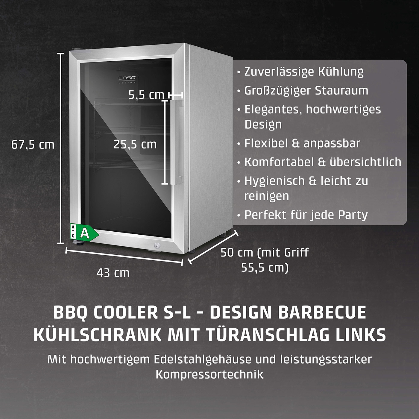 Kühlschrank mit Edelstahlgehäuse, BBQ Cooler S-L, Design Barbecue, Türanschlag links